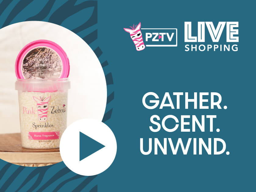 Container of scented product with text promoting live shopping event.