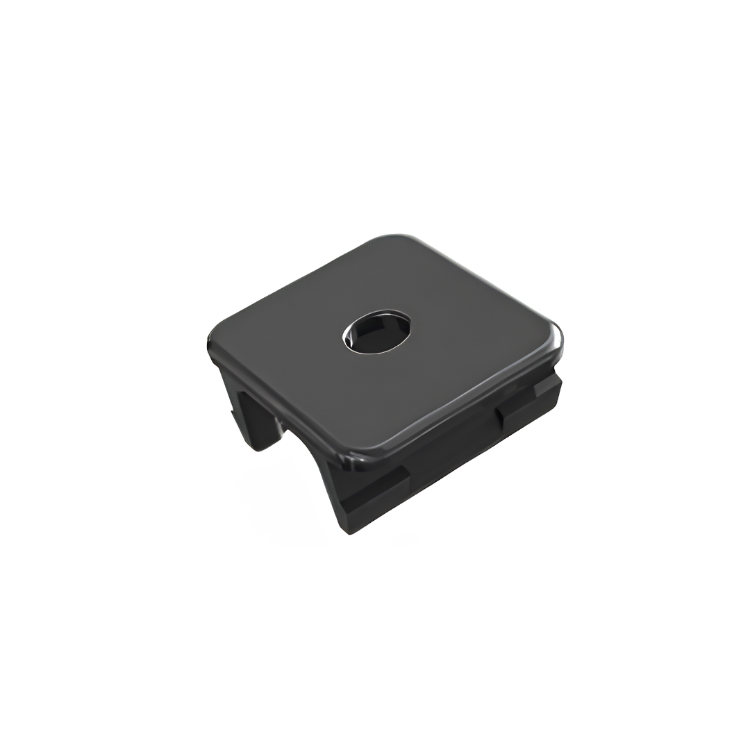 Black square clip with a central hole, designed for mounting purposes.