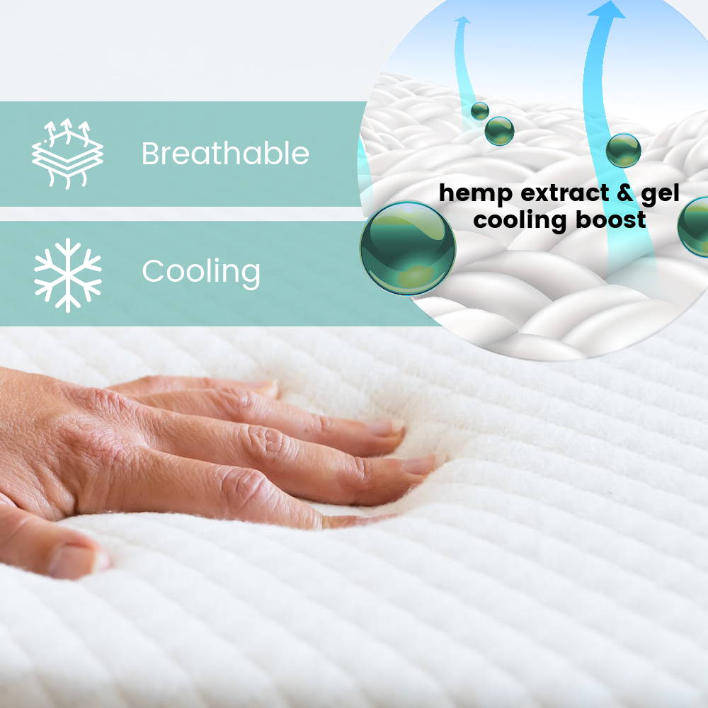 Hand pressing on top of pillow with breathable and cooling gel memory foam infused with CBD. 