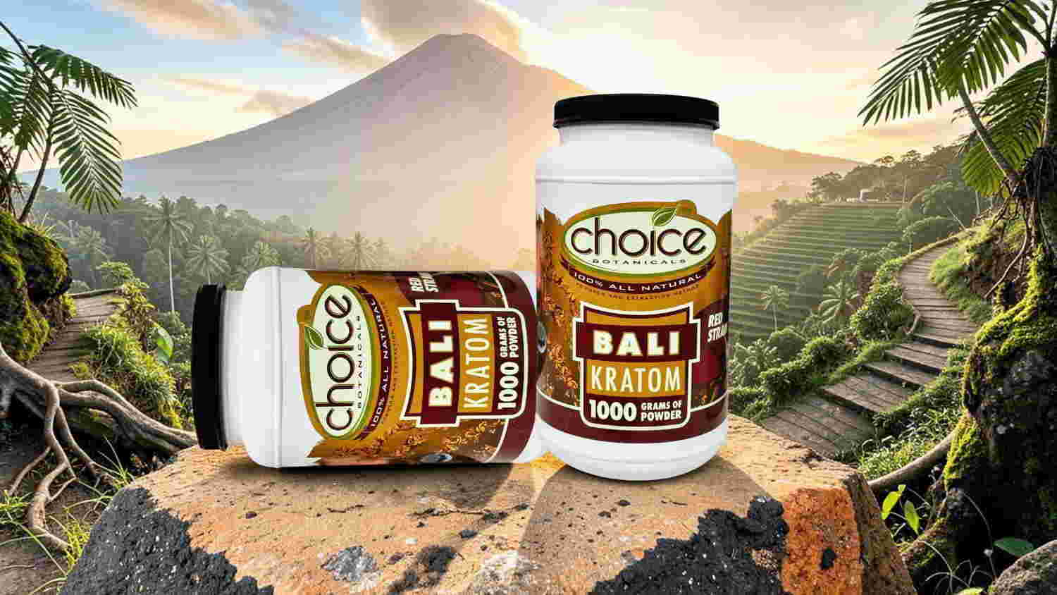 Bali supplement jars in a tropical landscape with mountains.