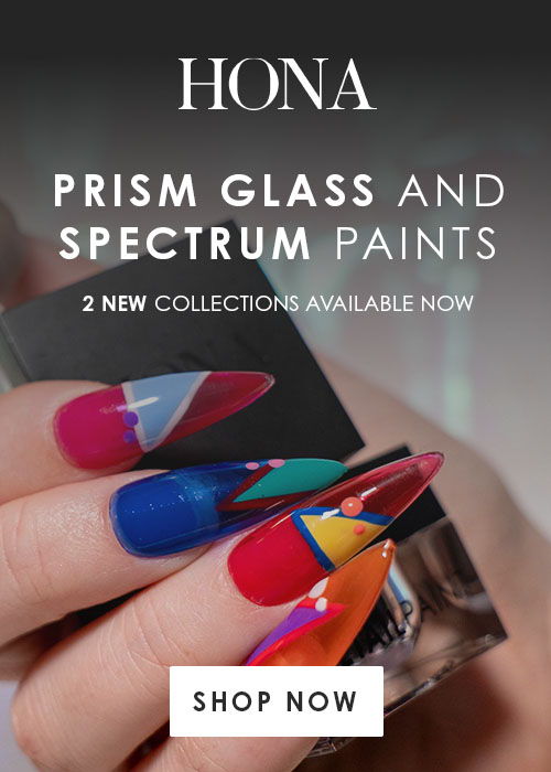 Colorful manicured nails showcasing Prism Glass and Spectrum Paints collections.