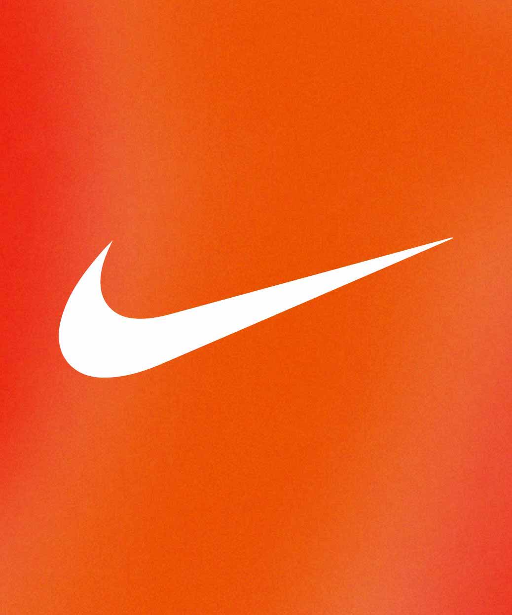 White Nike swoosh logo on an orange background.