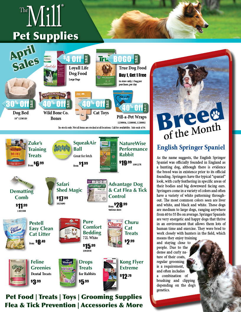 April pet circular page with monthly sales and timely products