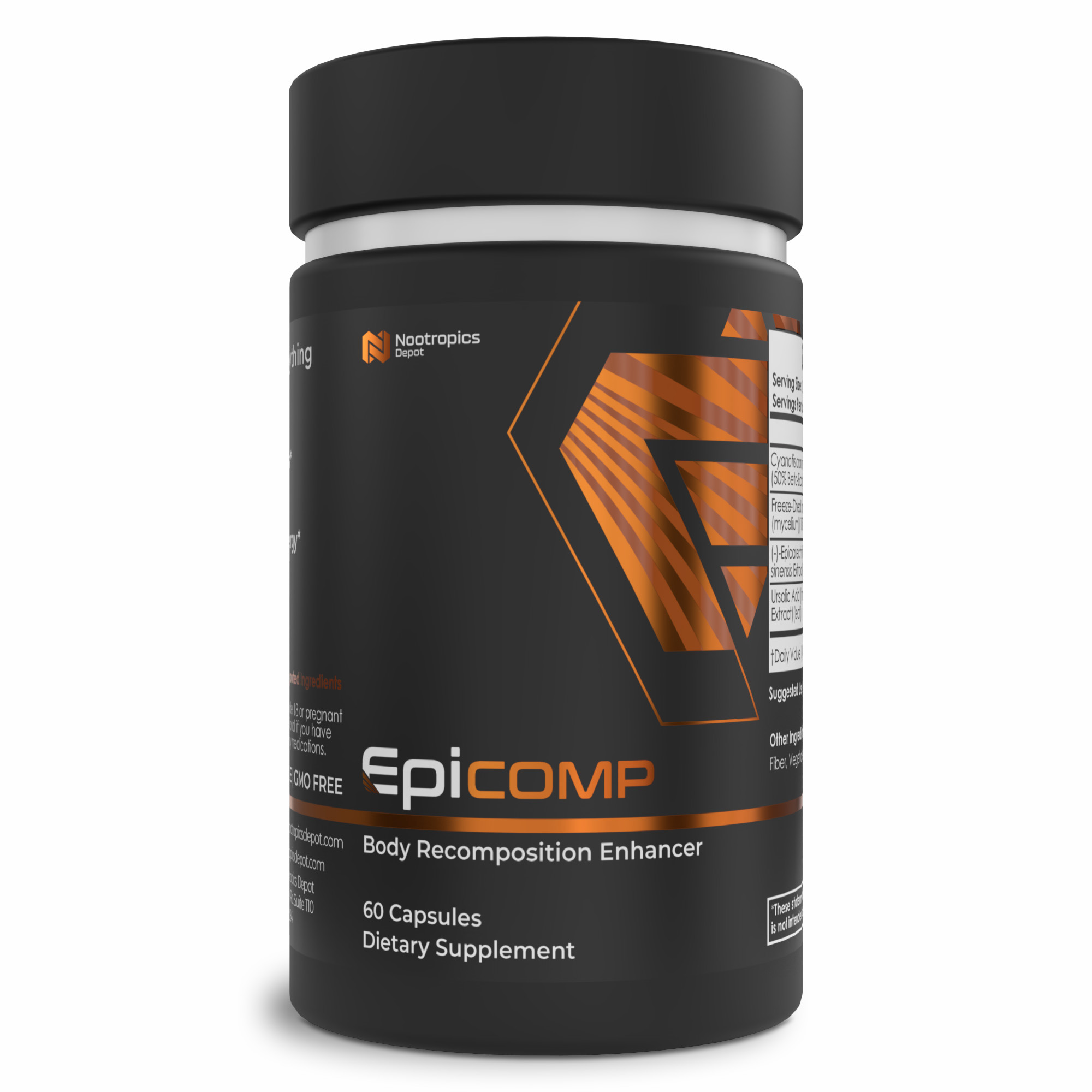 Black supplement bottle labeled 