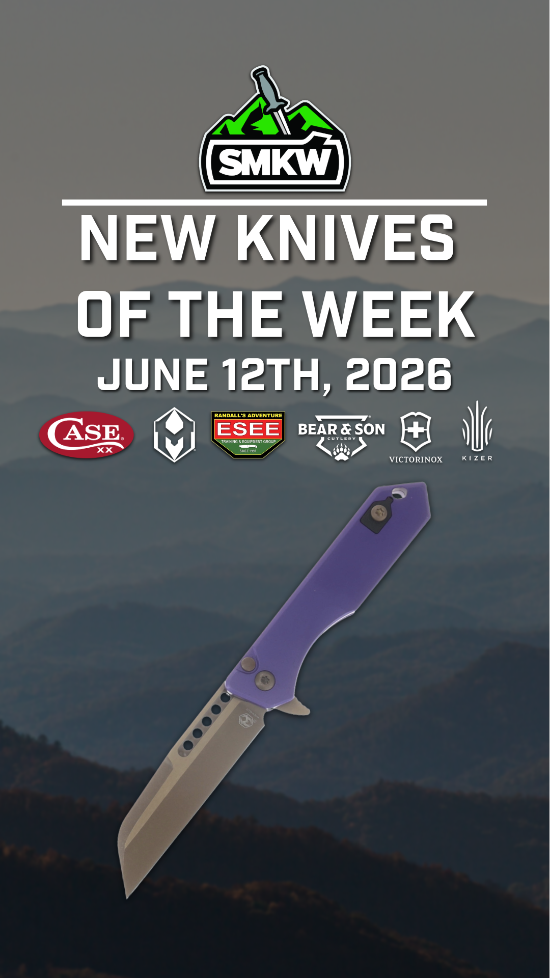 Promotional image for new knives, featuring a knife and brand logos.