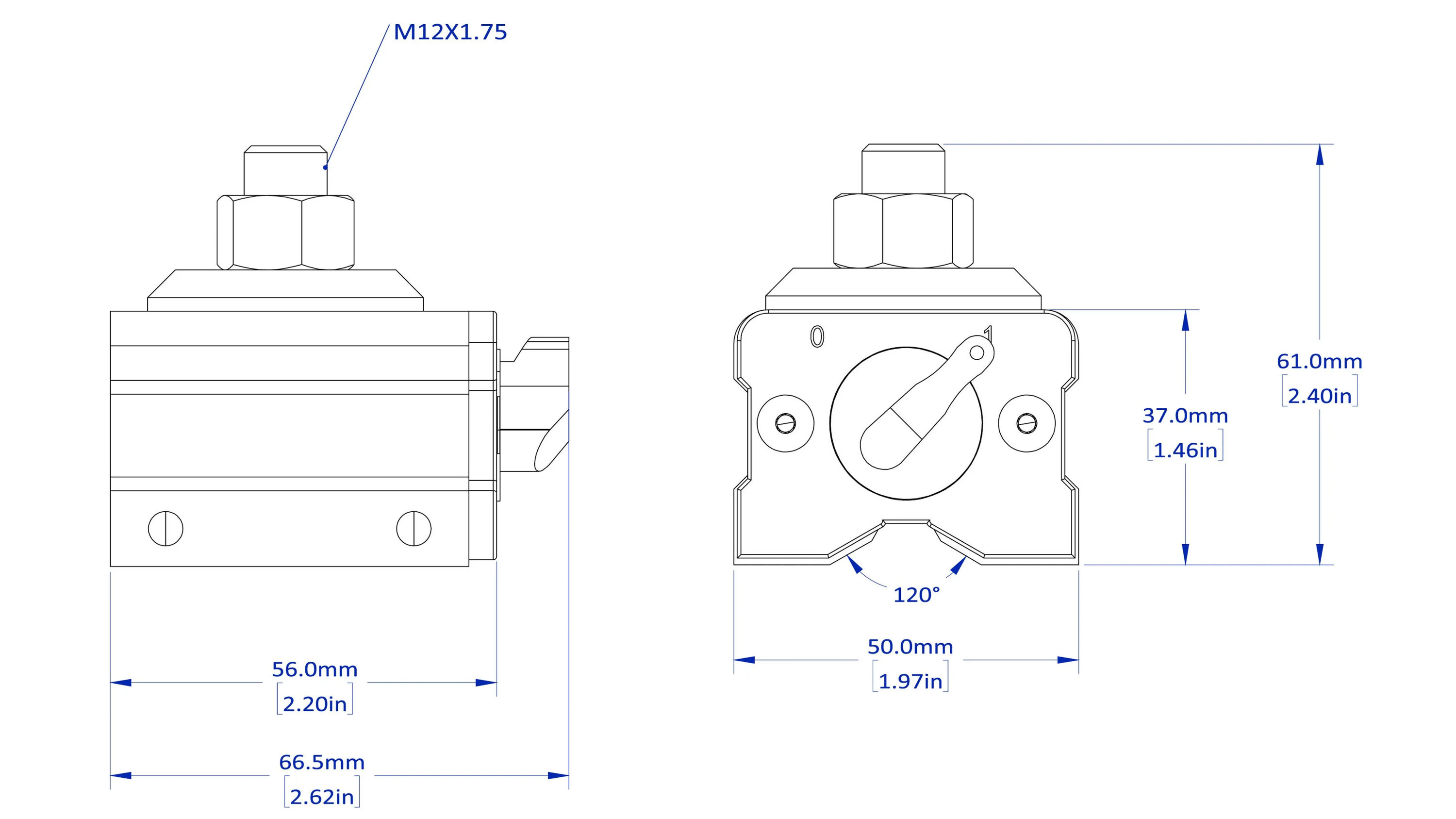 Diagram of a mechanical valve with dimensions and labels.