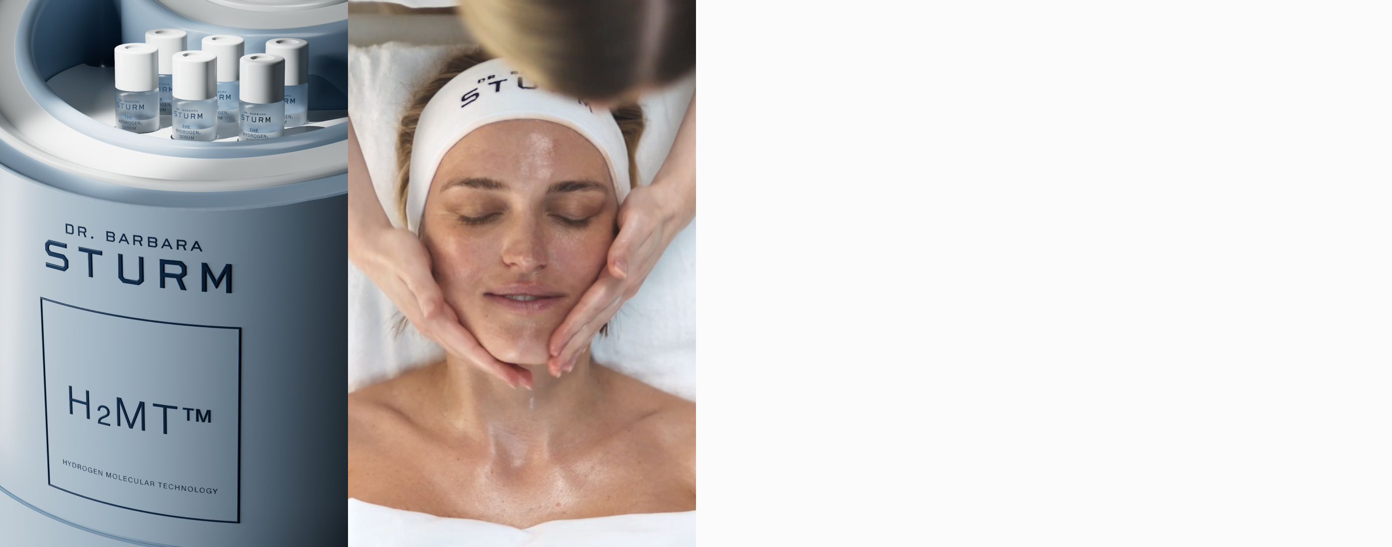 Woman receiving a facial treatment with skincare products in the background.