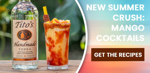 Bottle of vodka beside a mango cocktail and promotional text for recipes.