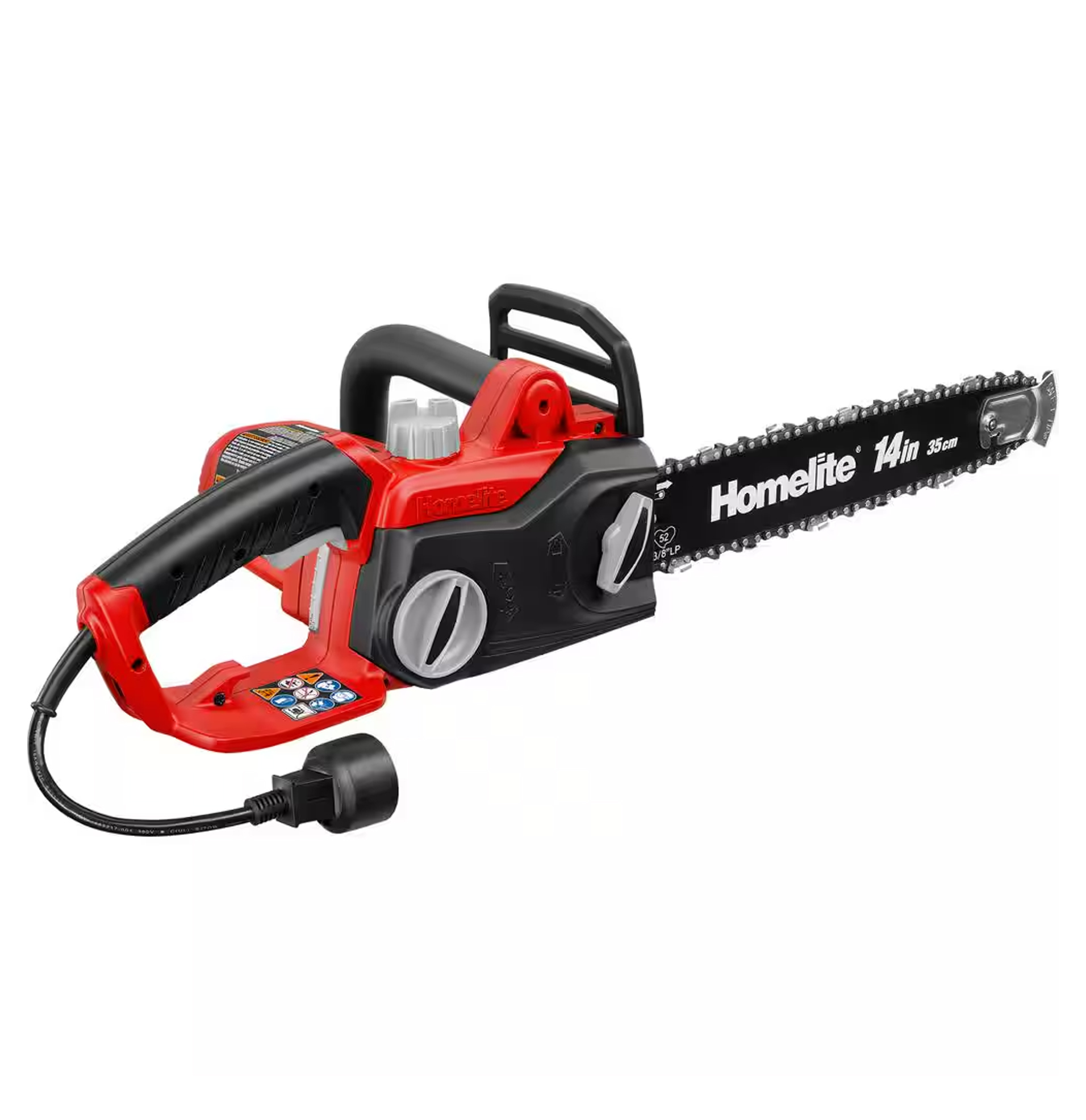 Electric chainsaw with a black and red design.
