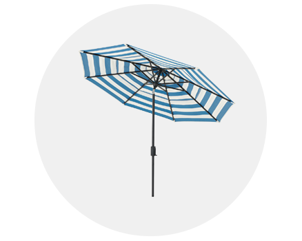Striped beach umbrella with a central pole and opened canopy.
