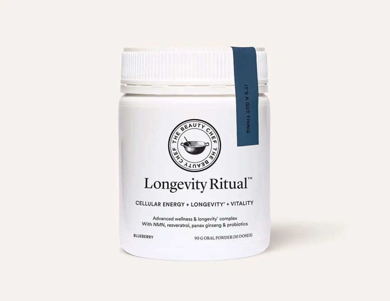 Container of Longivity Ritual supplement with a blue label.