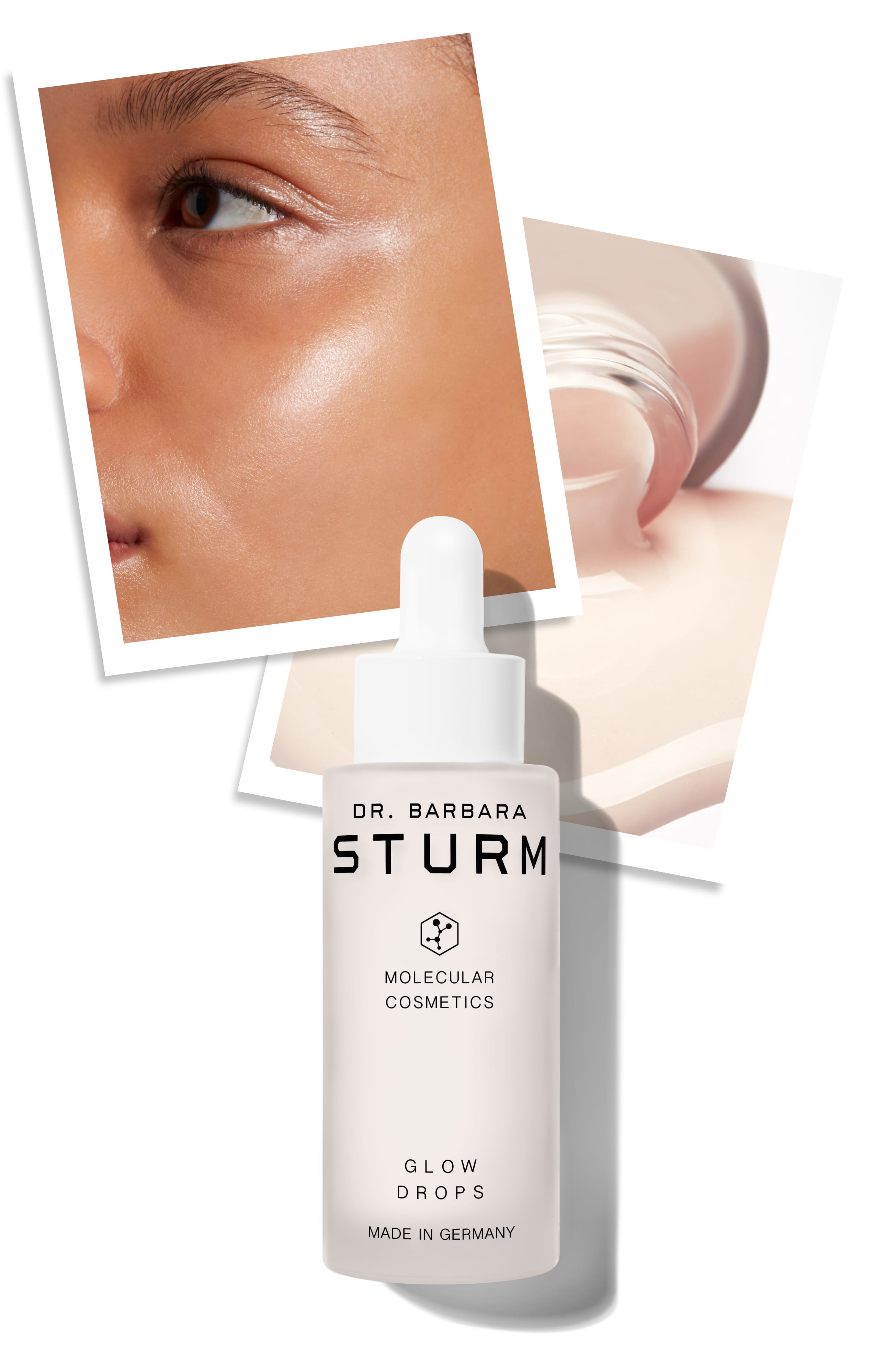 Skincare serum bottle with close-up skin images in the background.
