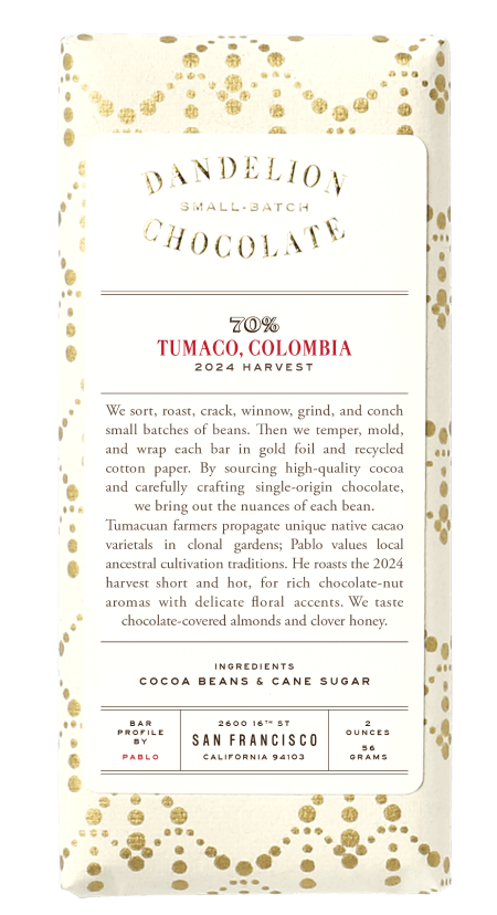 Dandelion Chocolate bar packaging, Tumaco, Colombia, 2024 harvest.