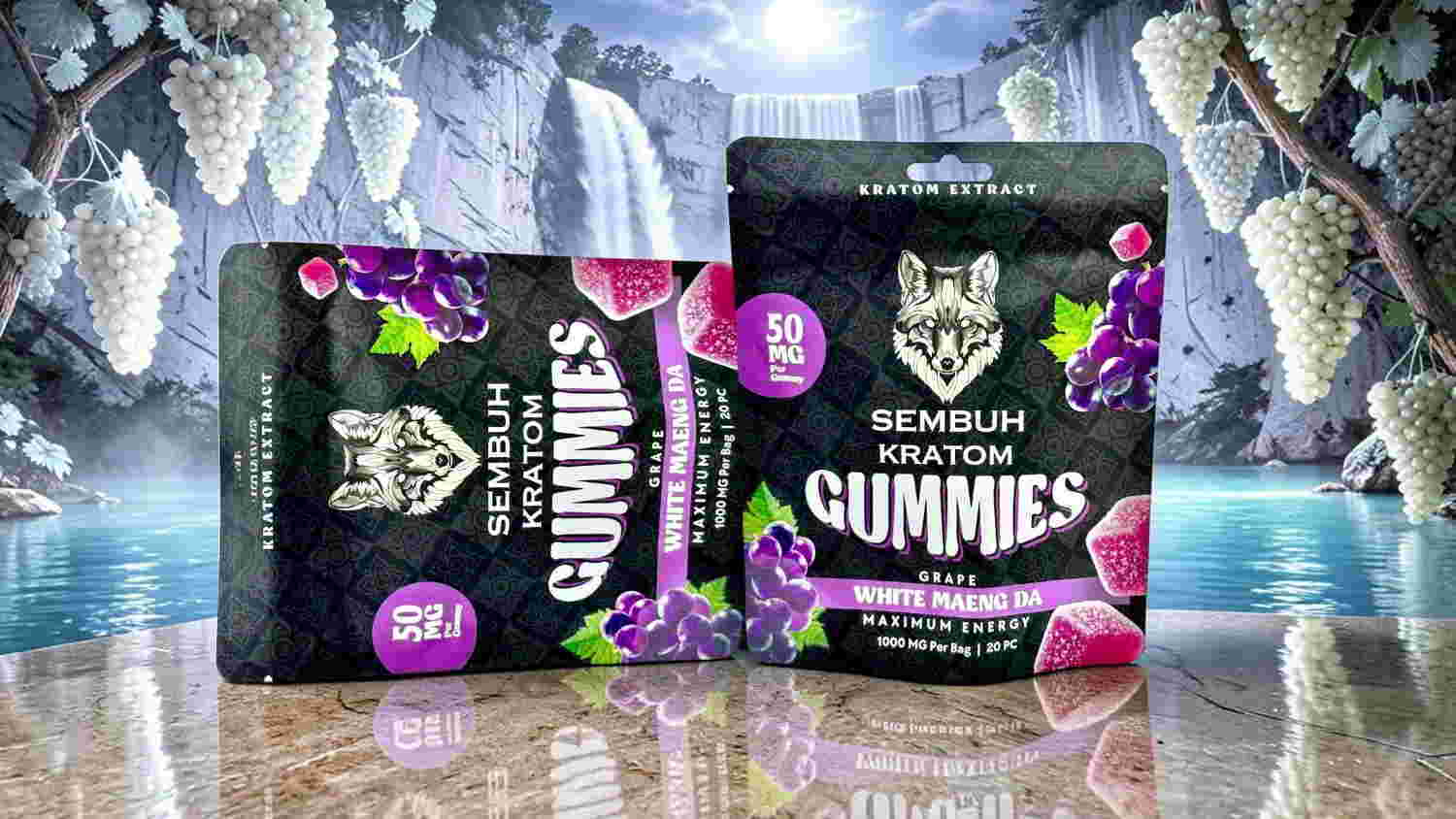 Gummy candy packages displayed against a scenic waterfall background.