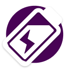 Battery icon with a lightning bolt on a purple background.