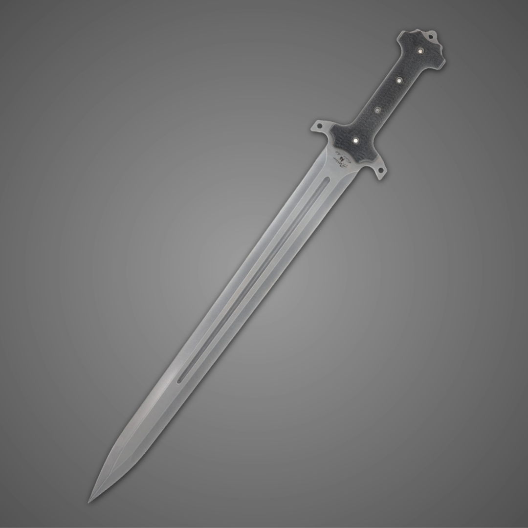 A silver sword with a detailed hilt against a gray background.