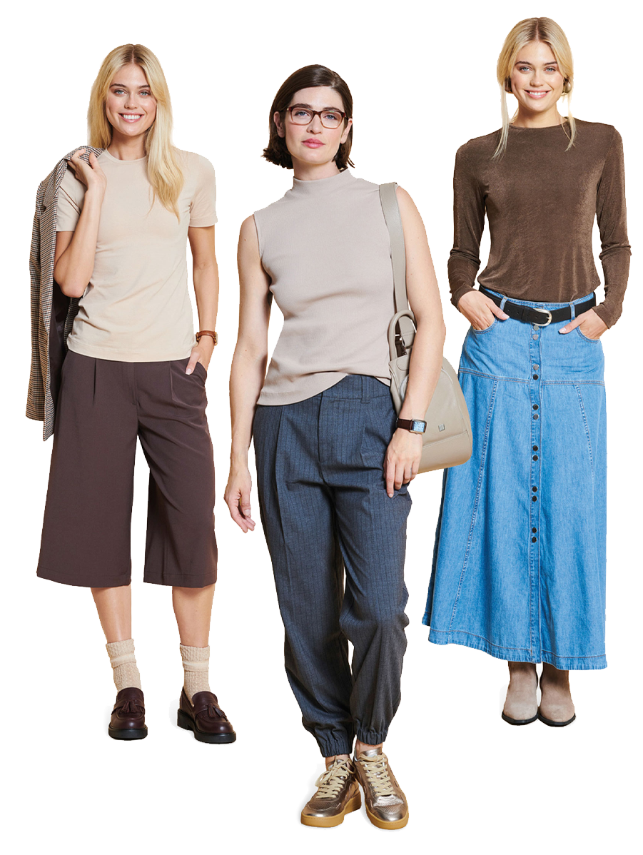 Three women modeling various stylish outfits.