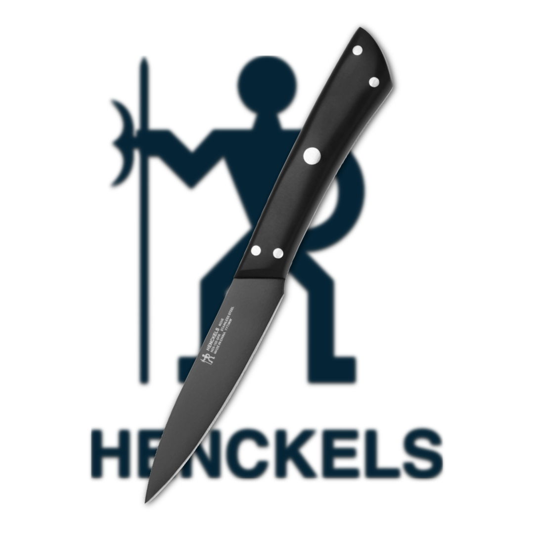 Black knife with Henckels logo and figure holding a spear.