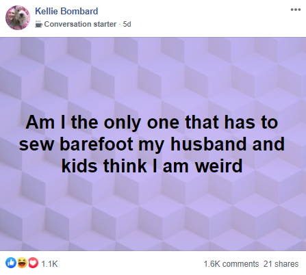 Kellie sew barefoot