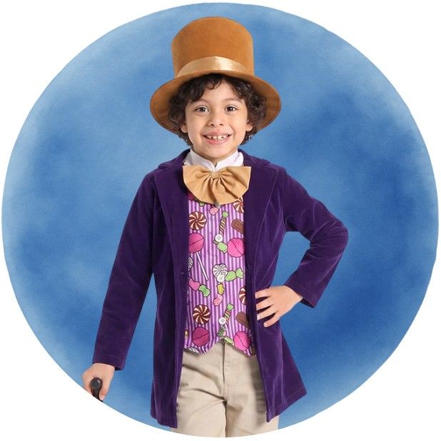 A blue circle with a boy wearing our Chocolate Factory Owner Costume. Click to shop all Boys Book Week Costumes.
