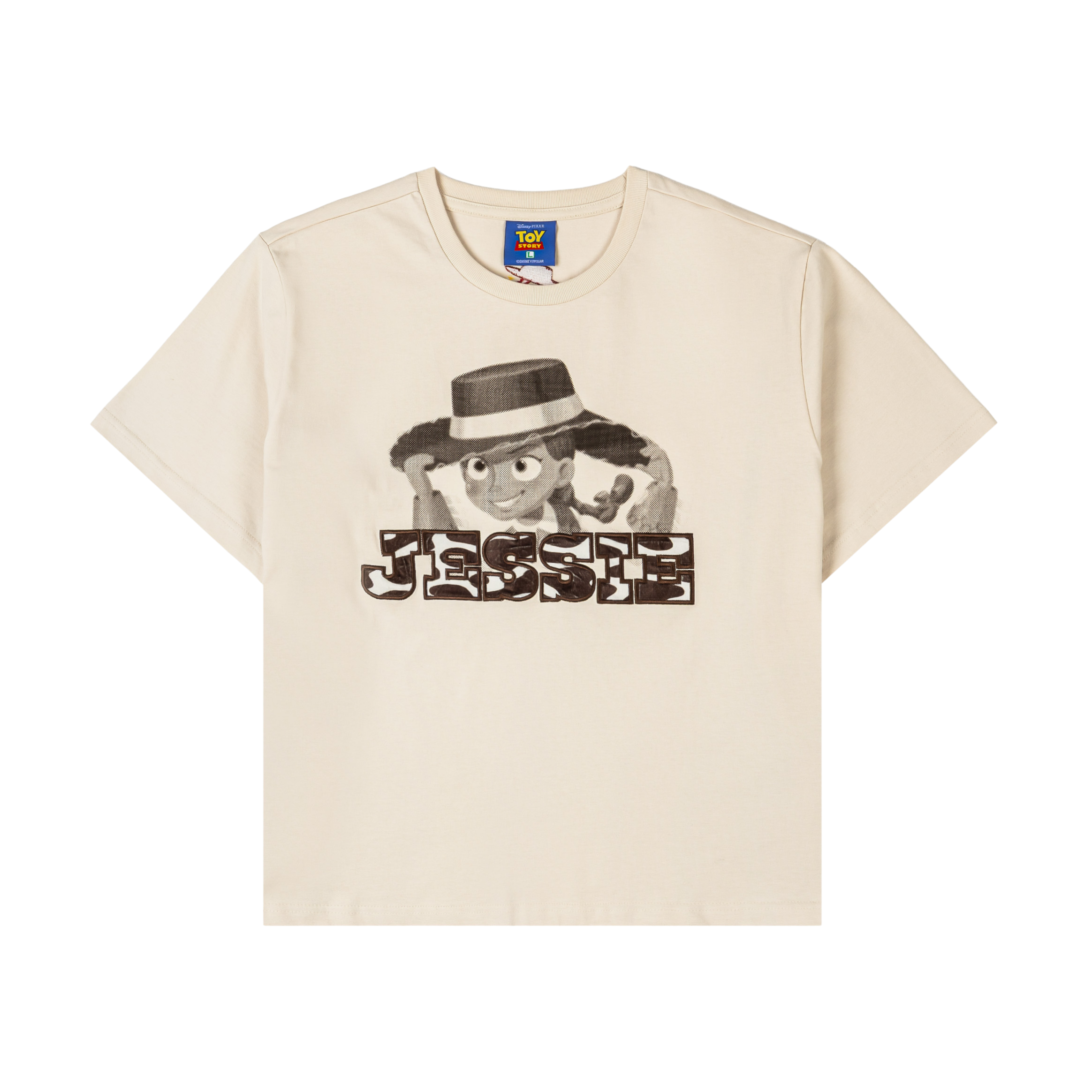 Beige t-shirt featuring a graphic with the name 