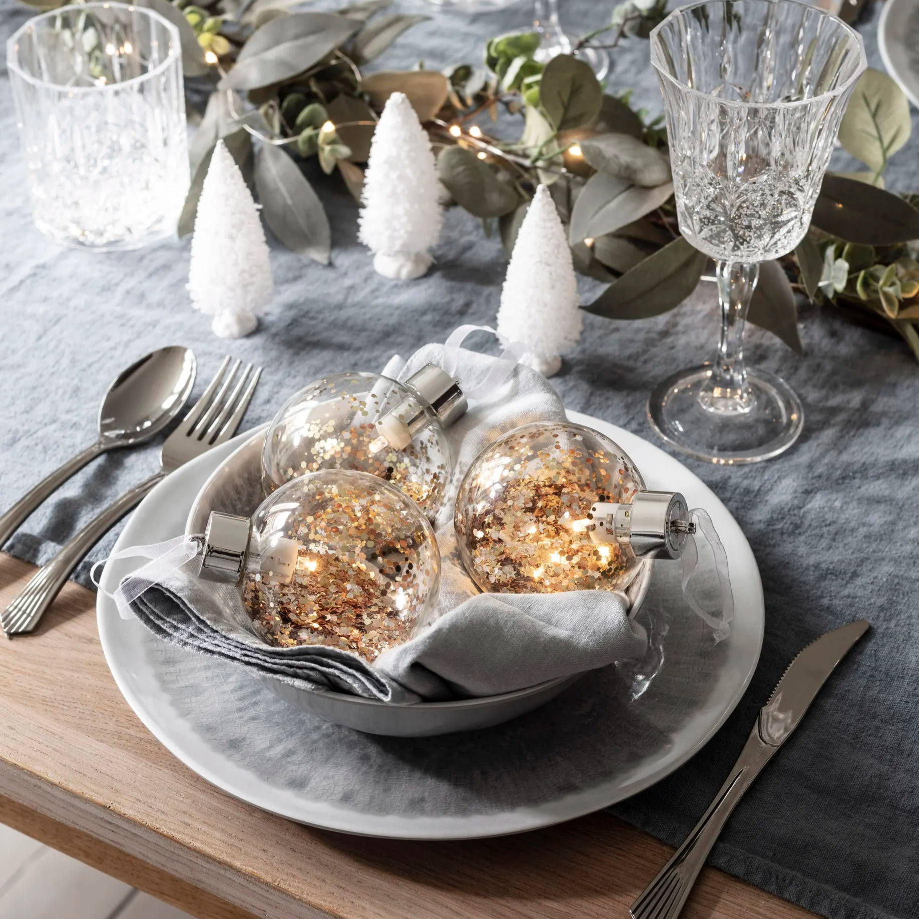 Glitter LED Christmas Bauble Trio placed inside a bowl as decoration
