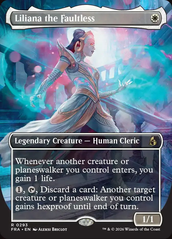 mtg reality fracture cards - Liliana the Faultless, a legendary human cleric card from a card game.