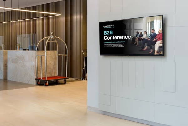 Digital signage display installed in a corporate lobby