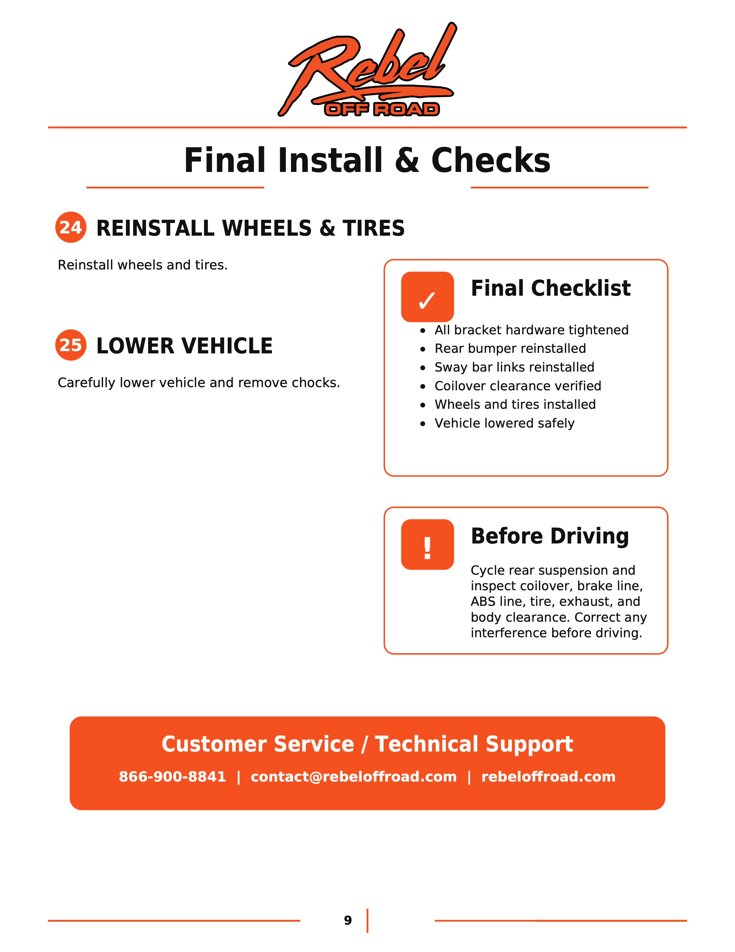 Final installation checklist for vehicle maintenance and safety precautions.