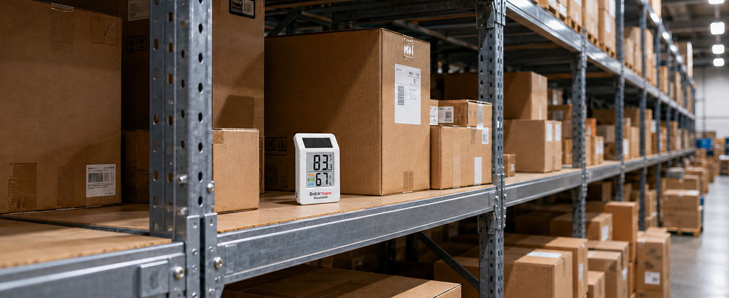 Rows of cardboard boxes on metal shelves in a warehouse setting.