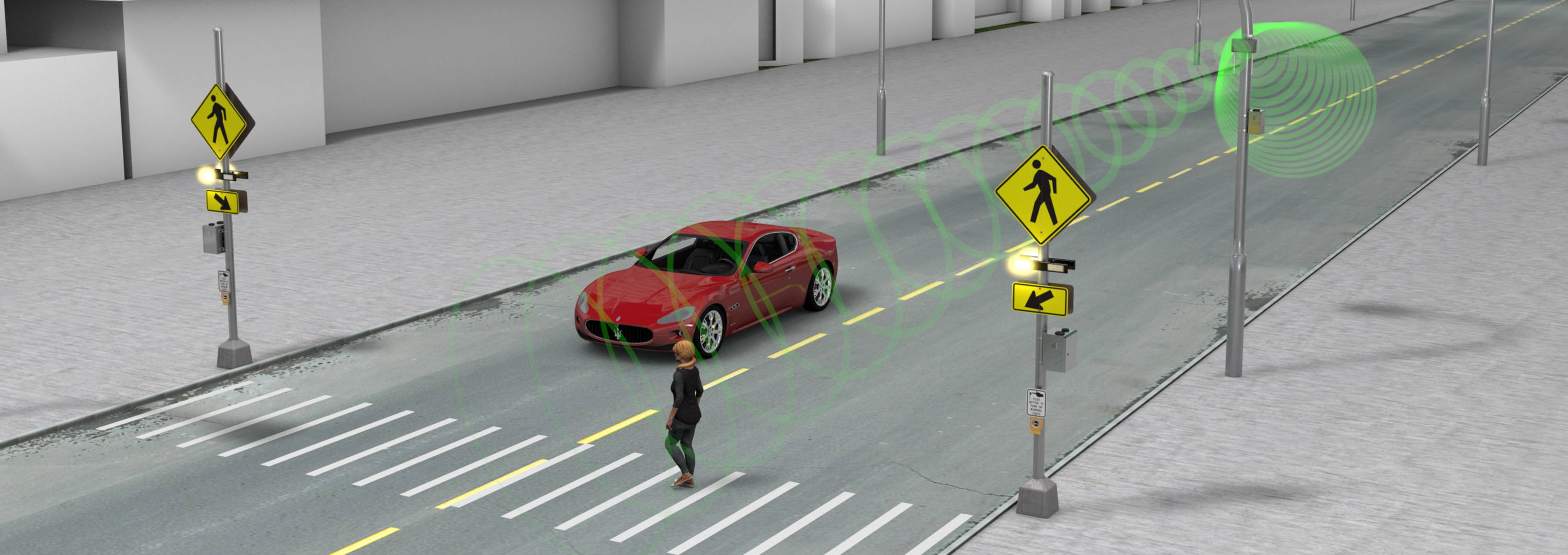 CV technology actively warning an oncoming vehicle of a pedestrian in the crosswalk.