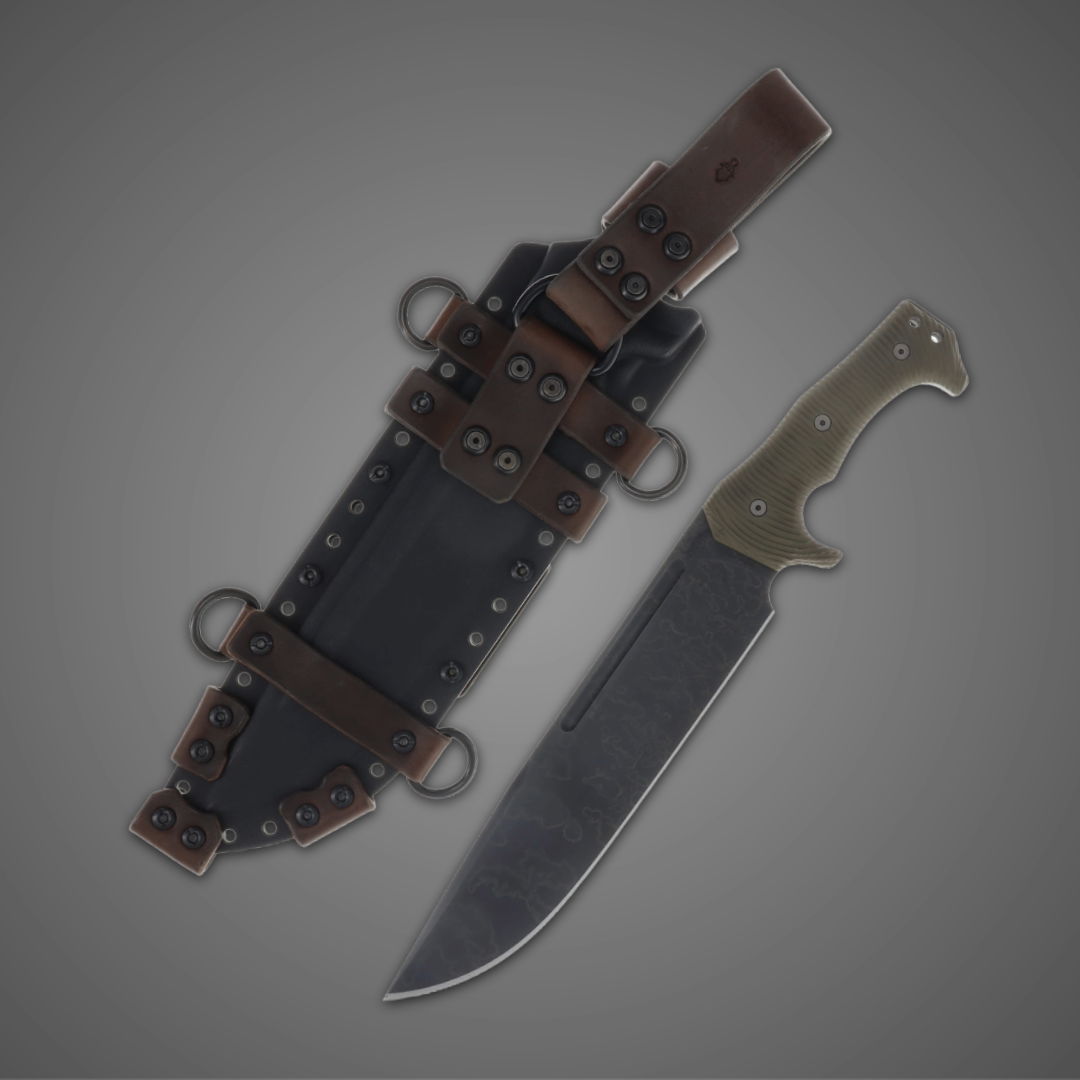 A knife next to its sheath, featuring a decorative handle and straps.