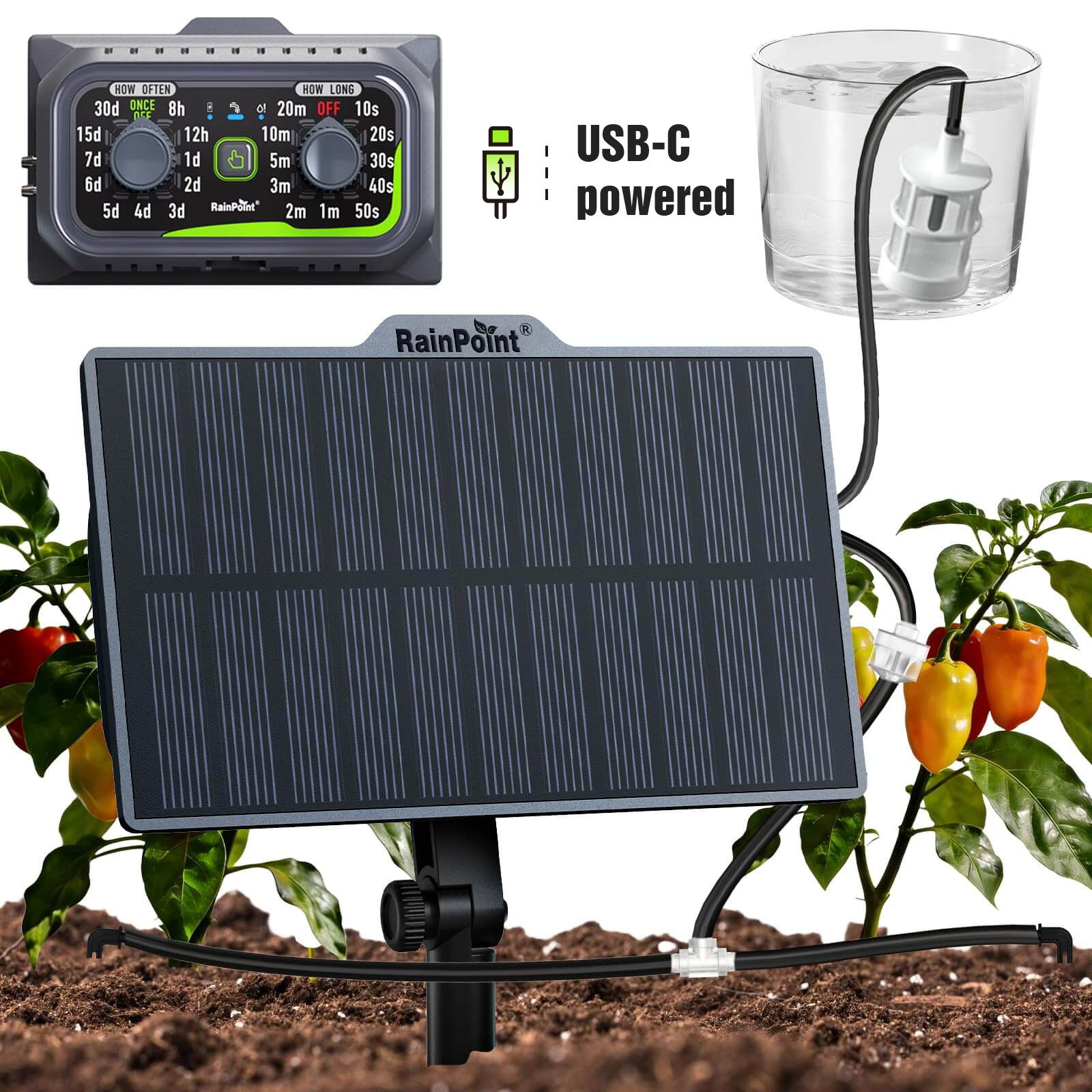 Solar panel irrigation system with USB-C controller and water container.