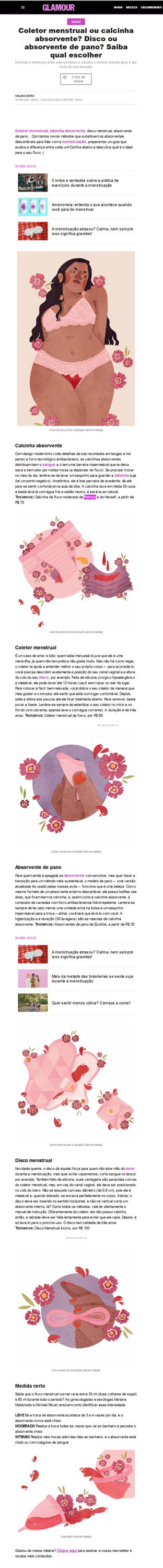 Pagina revista digital com ilustrações sobre menstruação 