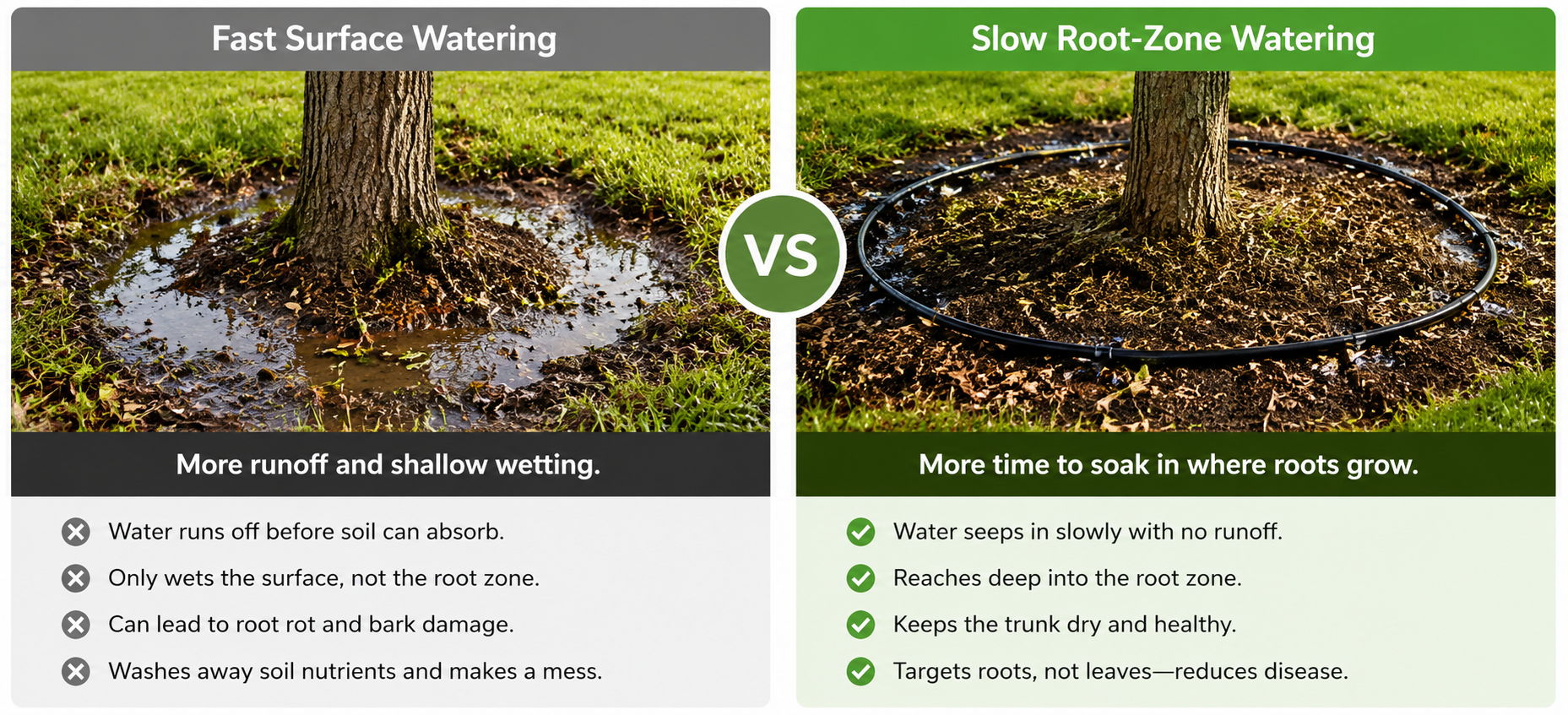 Comparison of full surface watering versus slow root care watering for trees.