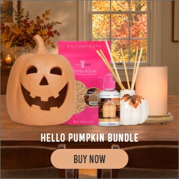 Fall-themed decor featuring a pumpkin, candle, and fragrance bundle.