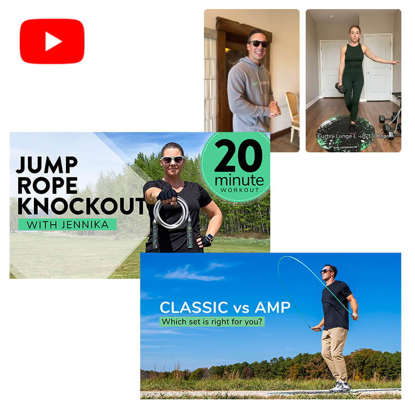 YouTube thumbnails for jump rope workouts and exercise comparisons.