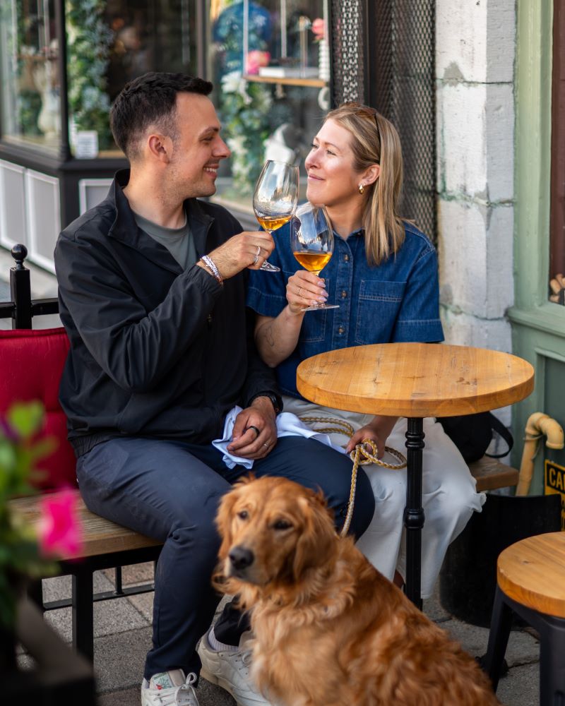 Couple toasting with drinks at a café, accompanied by a golden retriever.