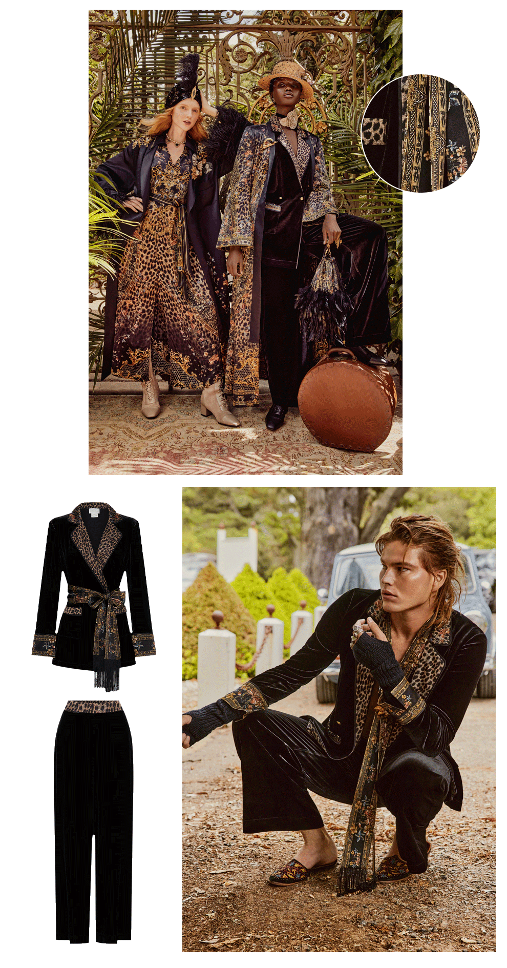 CAMILLA Abingdon Palace, CAMILLA black leopard print dress, CAMILLA black leopard print jacket. CAMILLA velvet jacket, CAMILLA velvet pants