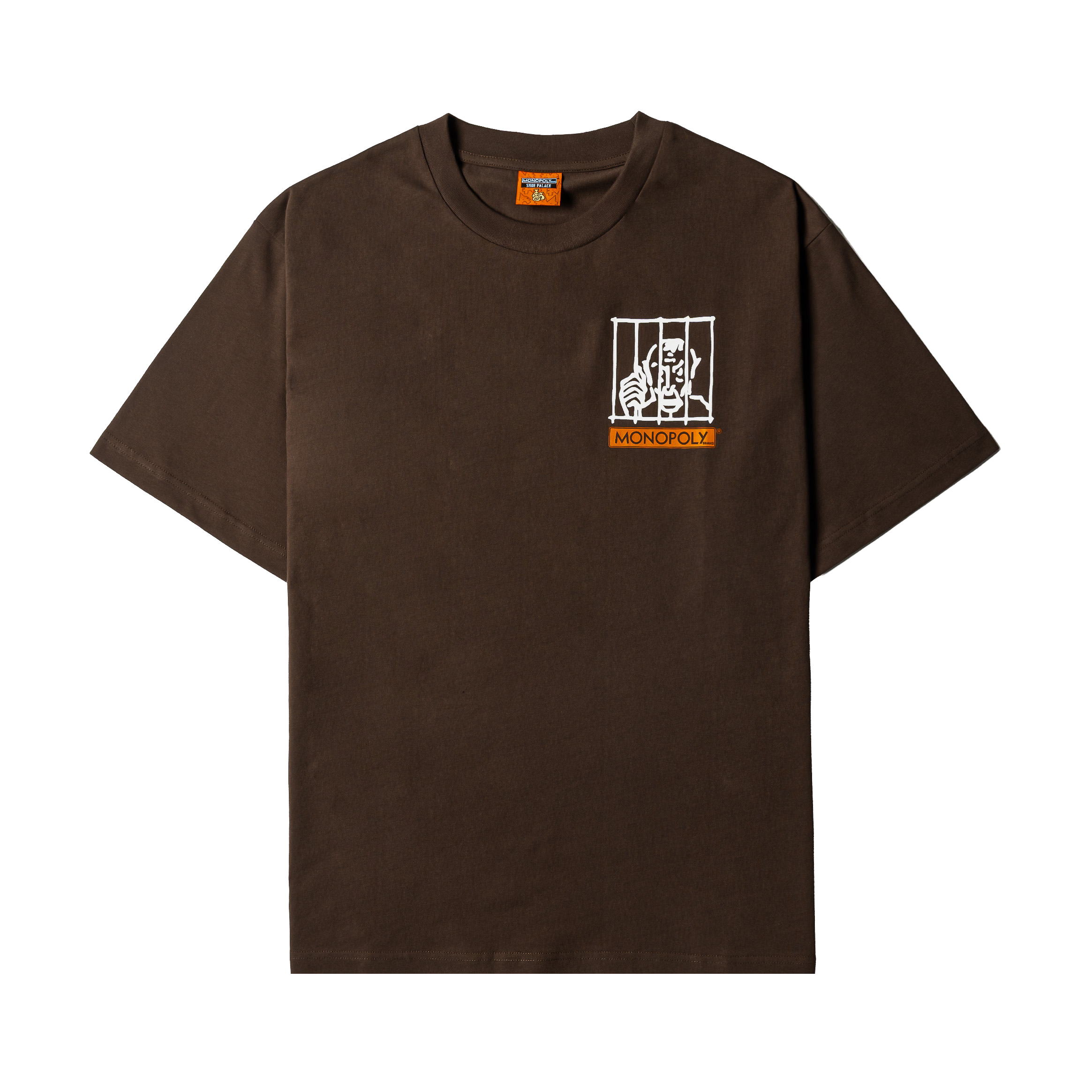 Brown t-shirt with a graphic design on the front.