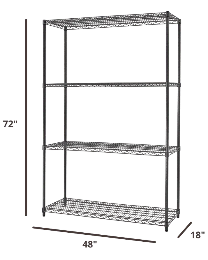 72 inches tall by 48 inches black anthracite wire shelving rack with 4 shelves