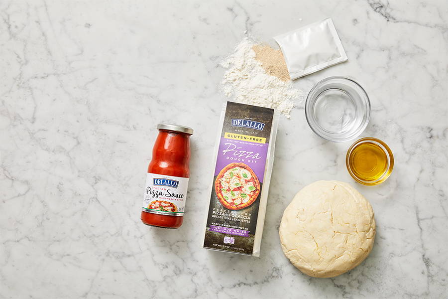 Ingredients needed to prepare the DeLallo Gluten-Free Pizza Dough Mix