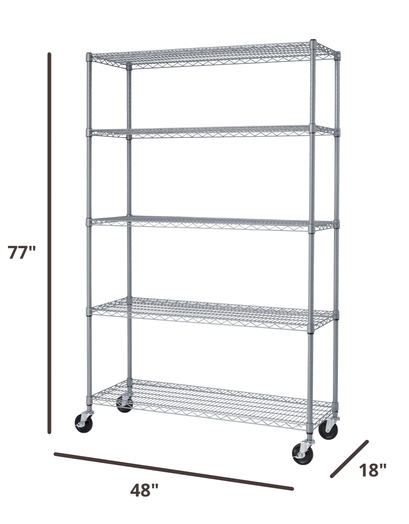 77 inches tall by 48 inches wide gray wire shelving rack 