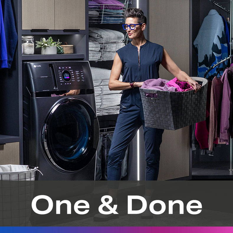 one and done! A woman is doing laundry at the Ultrafast Combo washer/dryer appliance.