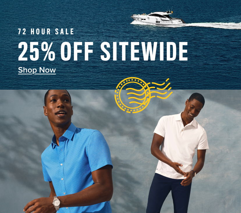 Models in casual clothing with a boat in the background.