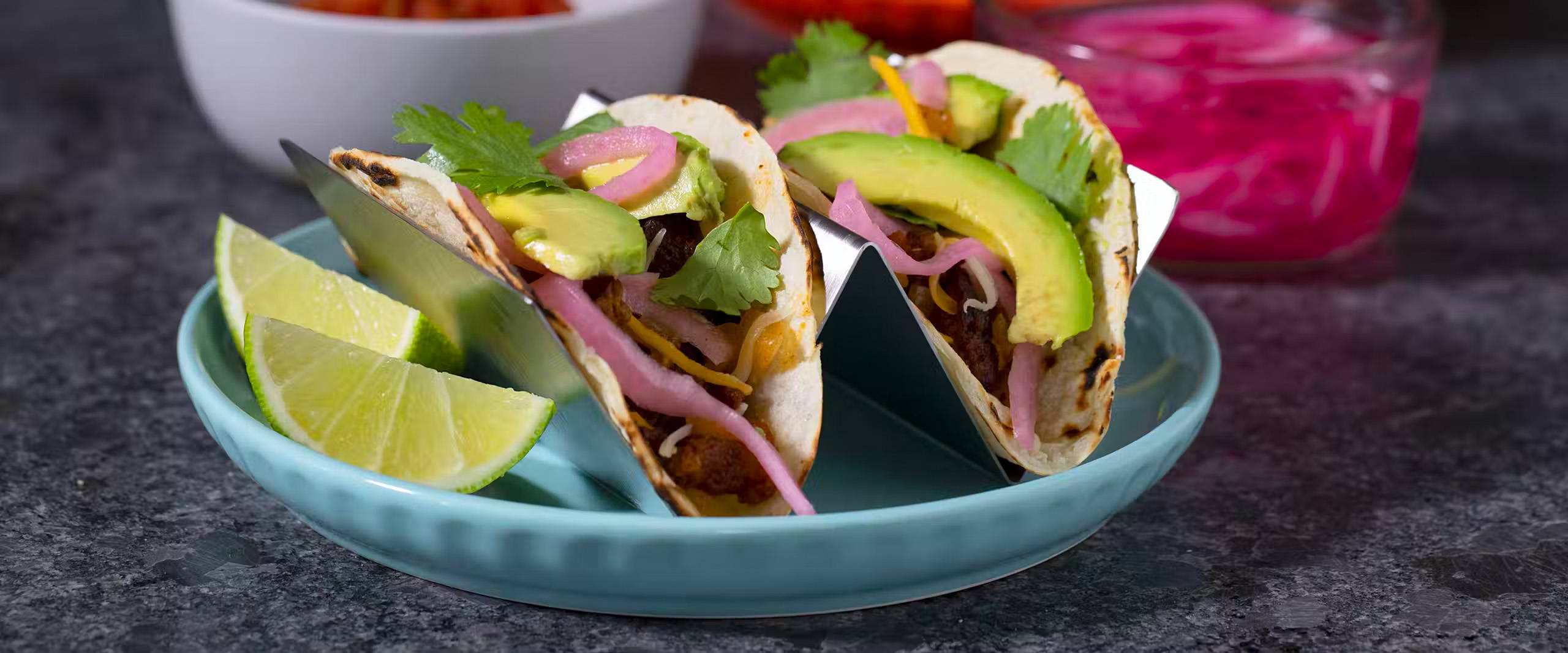 Plate of garnished Plant-based Meat Tacos 