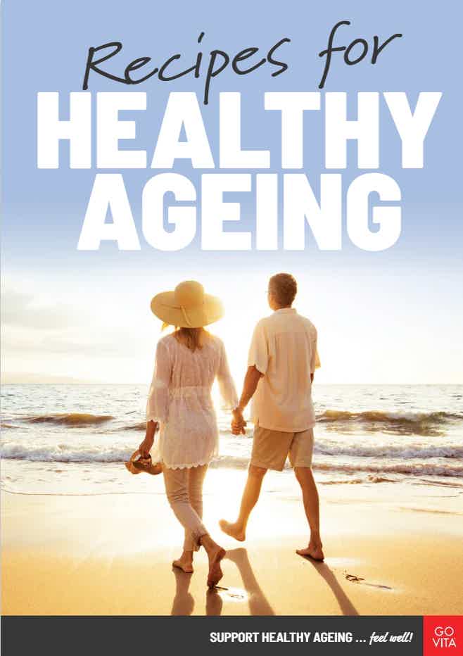 Couple walking on the beach with text about healthy ageing recipes.