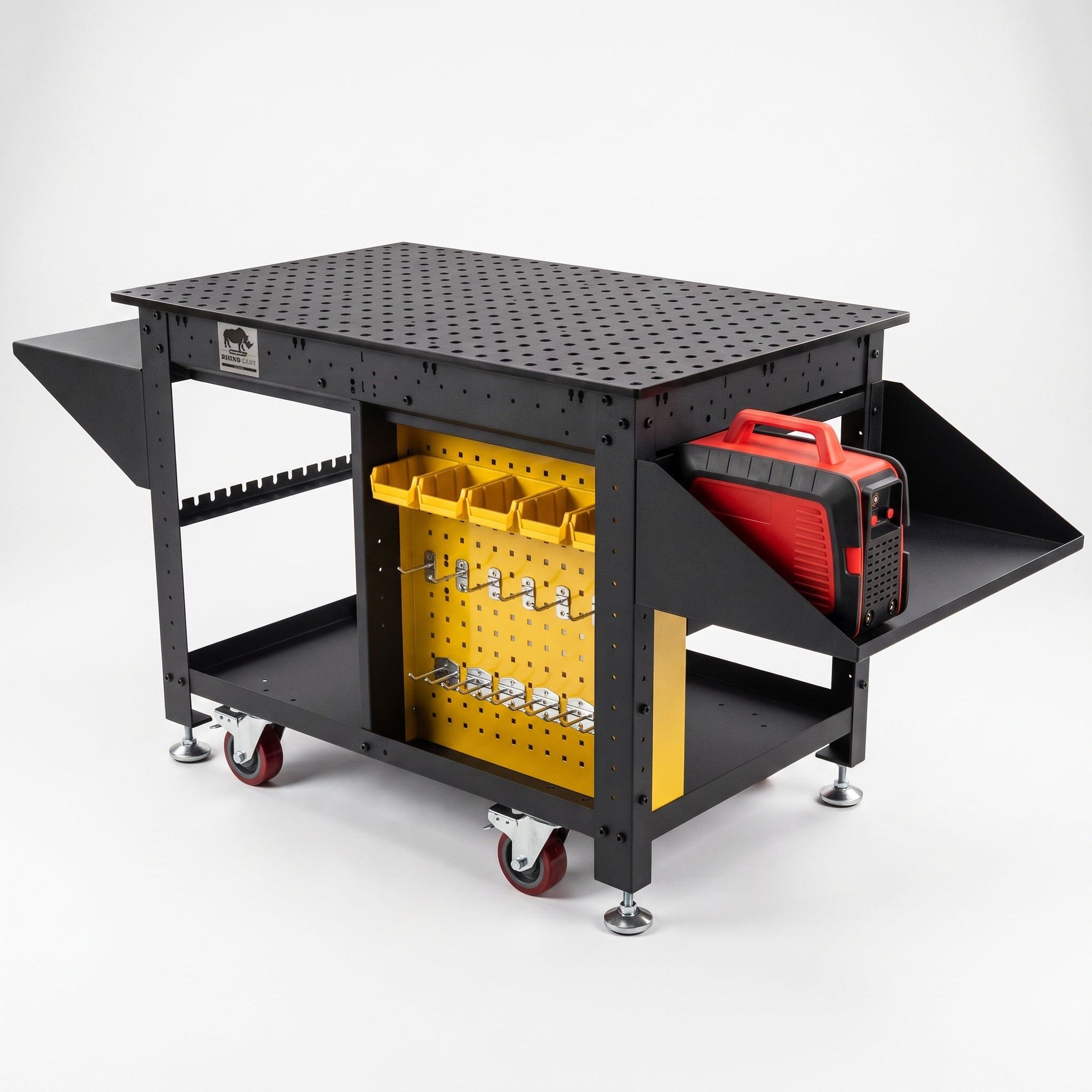 Tool cart with yellow storage bins and a red device, on wheels.