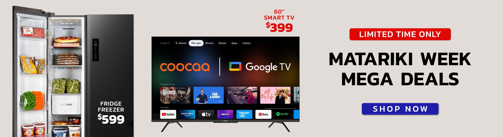 Refrigerator and TV with promotional text for Matariki Week mega deals.