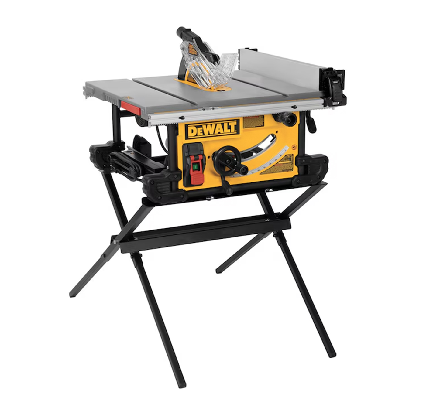 Dewalt table saw on a stand with a blade and cutting surface.